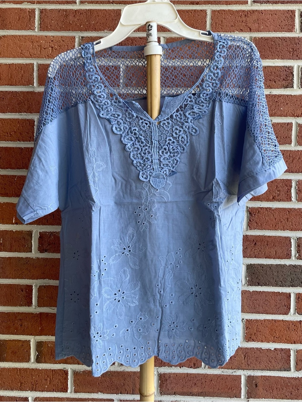 Light Blue Women's Embroidered Eyelet Lace Top